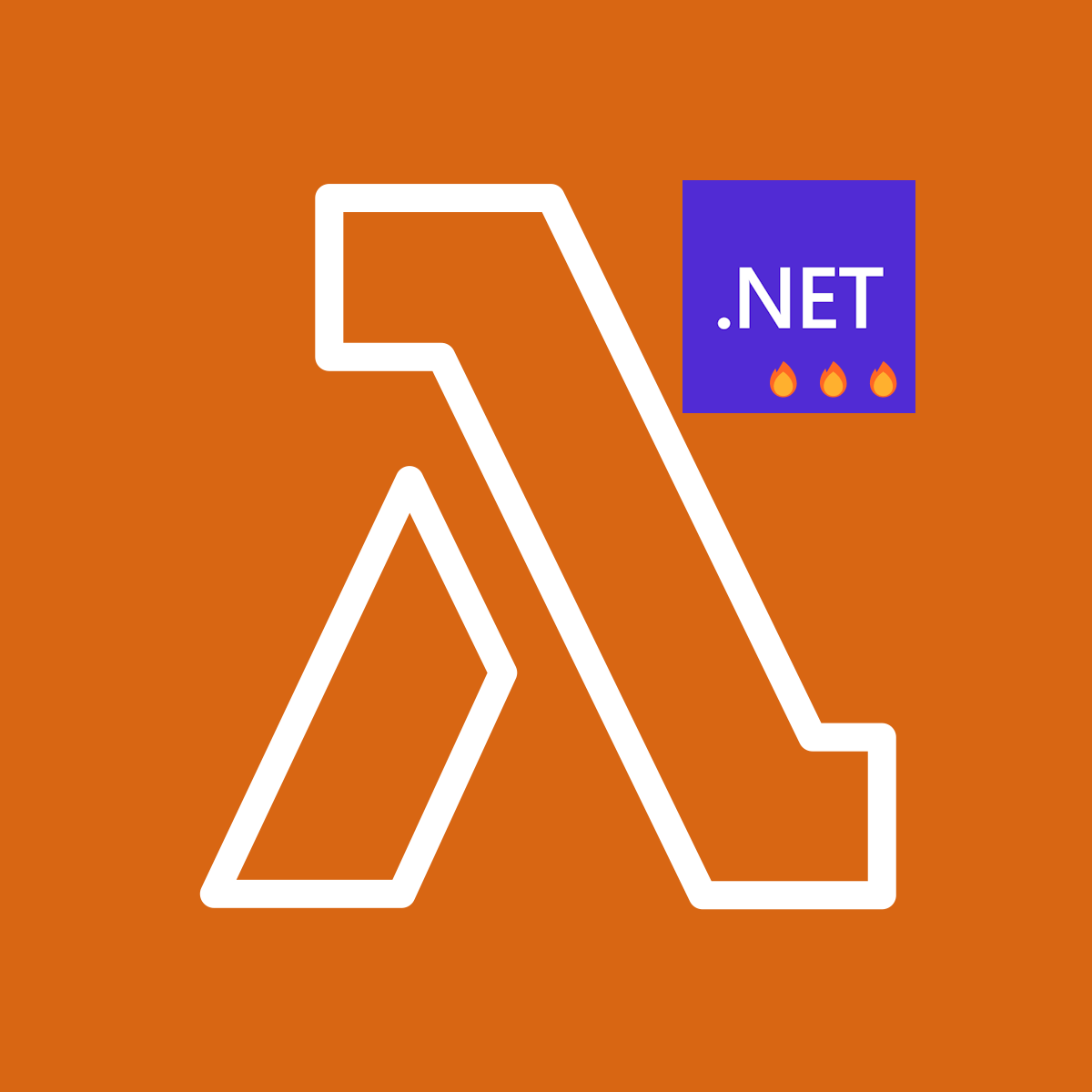 The AWS Lambda logo overlaid with the .NET logo wth some fire emojis added