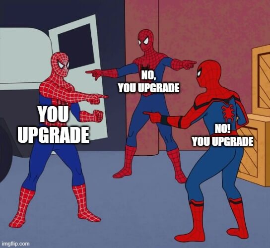 Meme of three Spider-Men pointing at each other about upgrading .NET