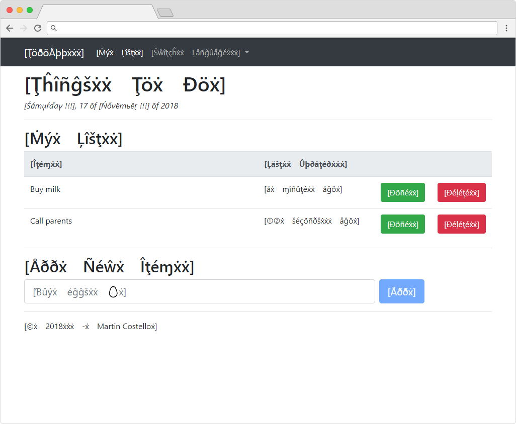 Todo application in pseudo-localized English