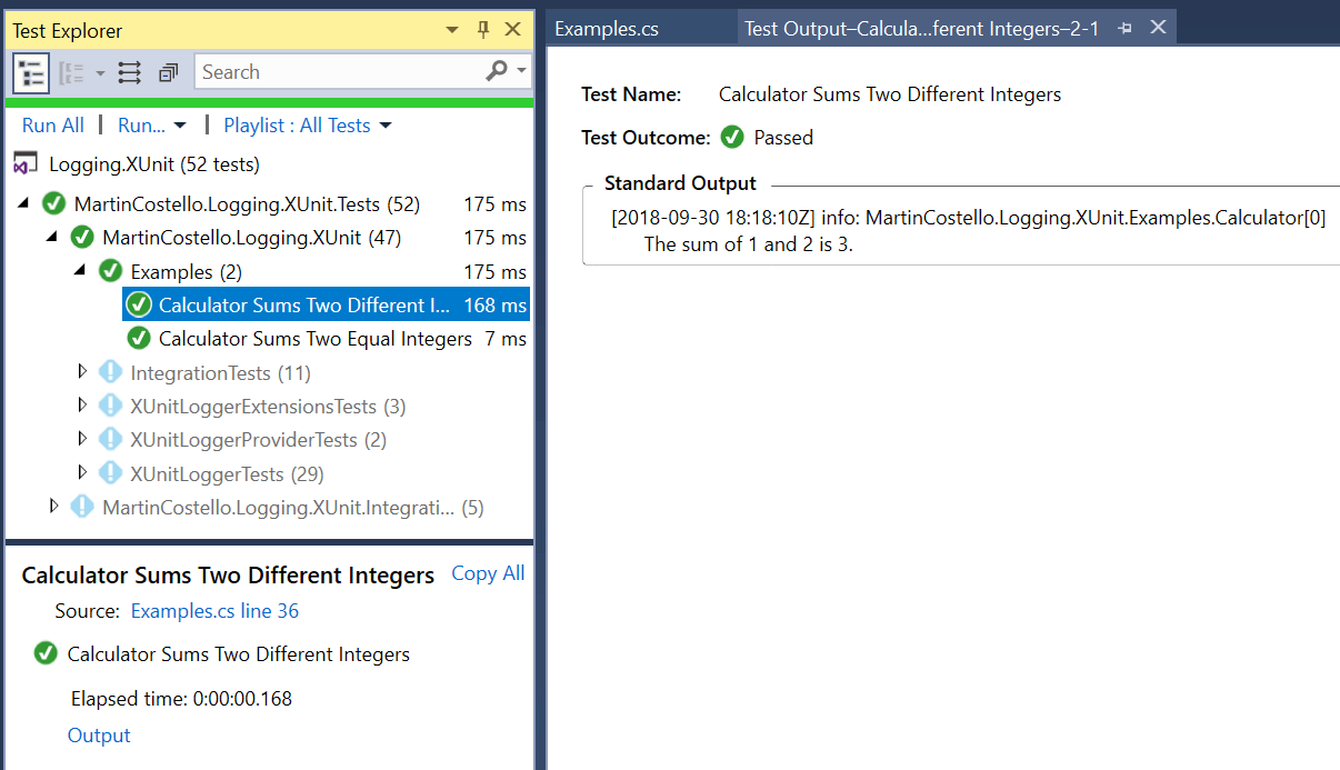 Test output in Visual Studio